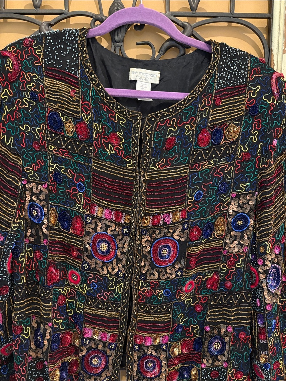 Embroidered Black Multicolor Patchwork Jacket by Lew Magram